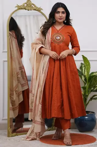 Beautiful jaipuri a rust red colored cotton anarkali kurta set