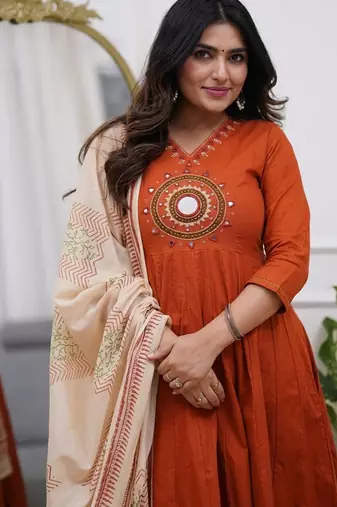Beautiful jaipuri a rust red colored cotton anarkali kurta set
