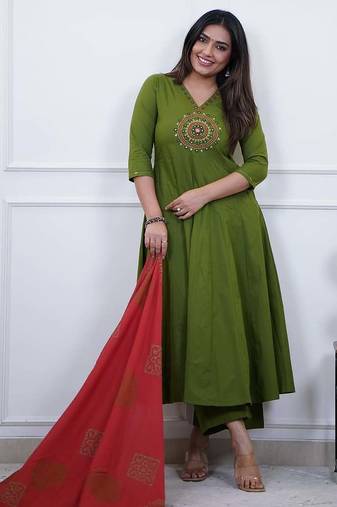 Beautiful jaipuri a green colored cotton anarkali kurta set