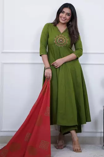 Beautiful jaipuri a green colored cotton anarkali kurta set