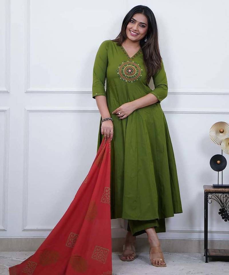 Beautiful jaipuri a green colored cotton anarkali kurta set