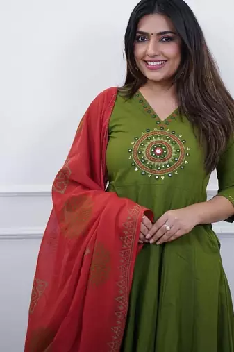 Beautiful jaipuri a green colored cotton anarkali kurta set