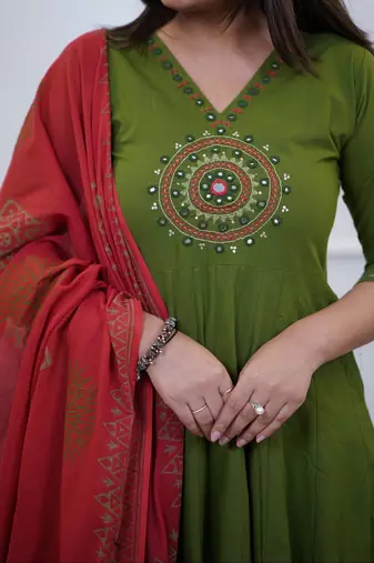 Beautiful jaipuri a green colored cotton anarkali kurta set