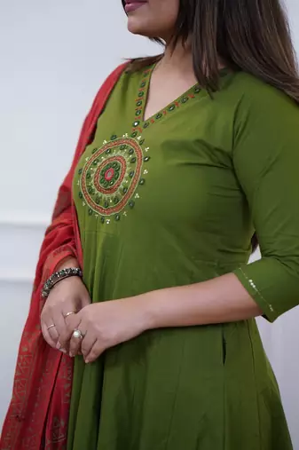 Beautiful jaipuri a green colored cotton anarkali kurta set