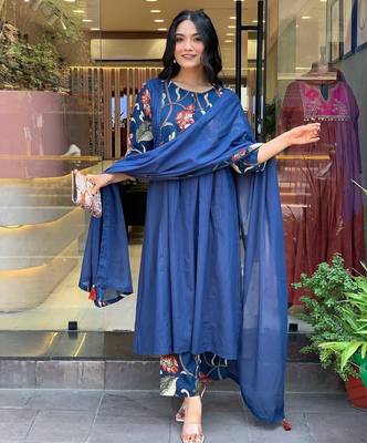 Beautiful jaipuri a blue colored cotton anarkali kurta set with printed trousers and a solid blue dupatta. 1