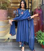 Beautiful jaipuri a blue colored cotton anarkali kurta set with printed trousers and a solid blue dupatta.
