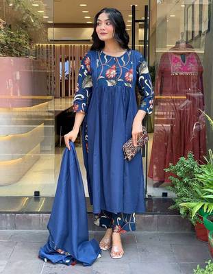 Beautiful jaipuri a blue colored cotton anarkali kurta set with printed trousers and a solid blue dupatta. 2
