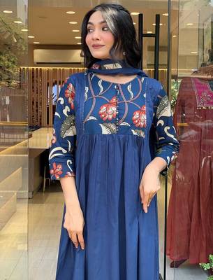 Beautiful jaipuri a blue colored cotton anarkali kurta set with printed trousers and a solid blue dupatta. 3