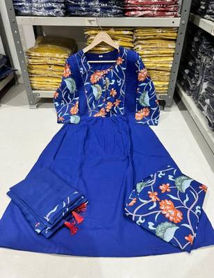Beautiful jaipuri a blue colored cotton anarkali kurta set with printed trousers and a solid blue dupatta. 4