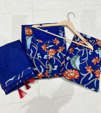 Beautiful jaipuri a blue colored cotton anarkali kurta set with printed trousers and a solid blue dupatta. 5