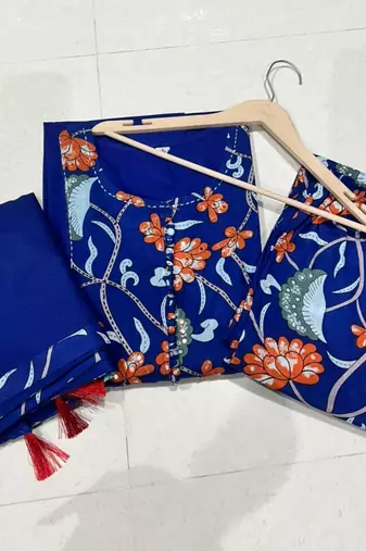 Beautiful jaipuri a blue colored cotton anarkali kurta set with printed trousers and a solid blue dupatta.