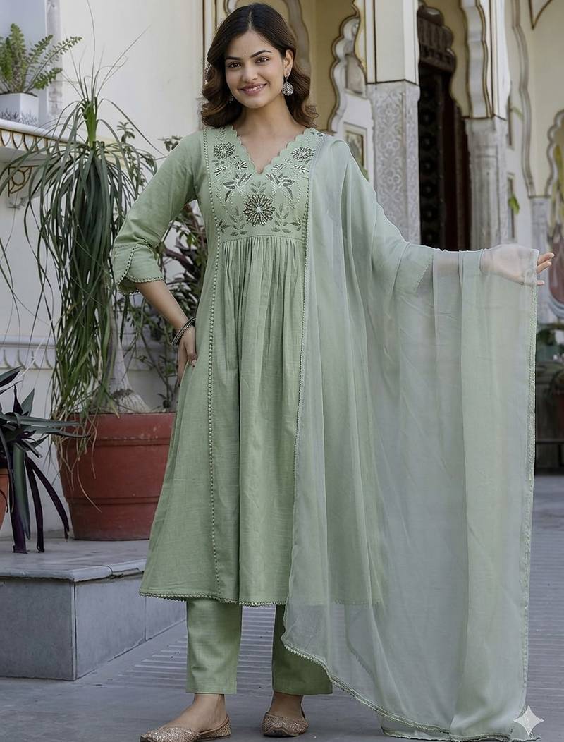Beautiful jaipuri a green pure cotton kurta set with a floral yoke design and aari work detailing.