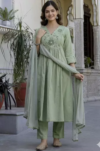 Beautiful jaipuri a green pure cotton kurta set with a floral yoke design and aari work detailing.