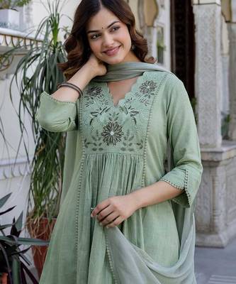 Beautiful jaipuri a green pure cotton kurta set with a floral yoke design and aari work detailing. 3