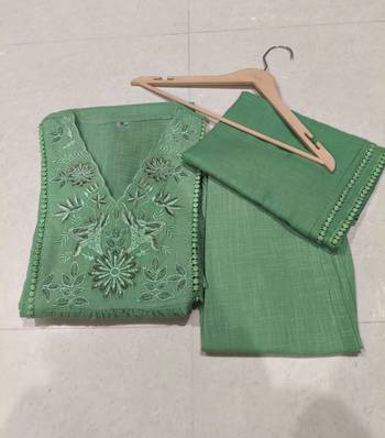 Beautiful jaipuri a green pure cotton kurta set with a floral yoke design and aari work detailing. 5