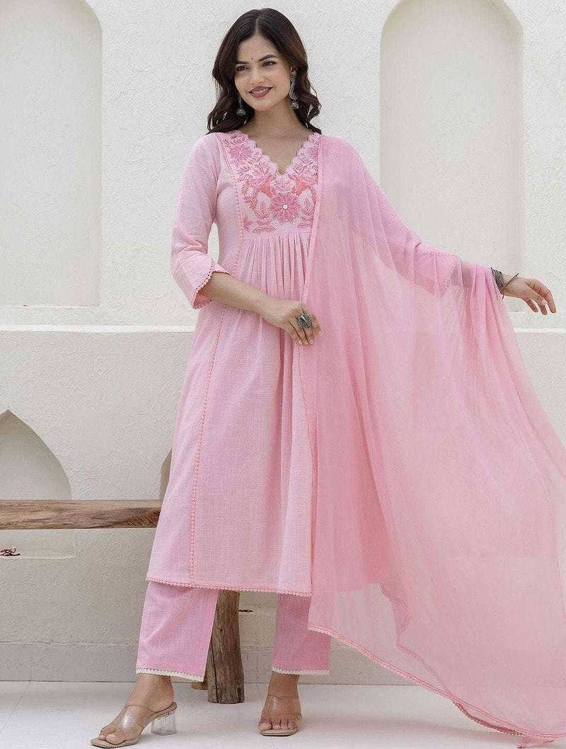 Beautiful jaipuri a pink pure cotton kurta set with a floral yoke design and aari work detailing.
