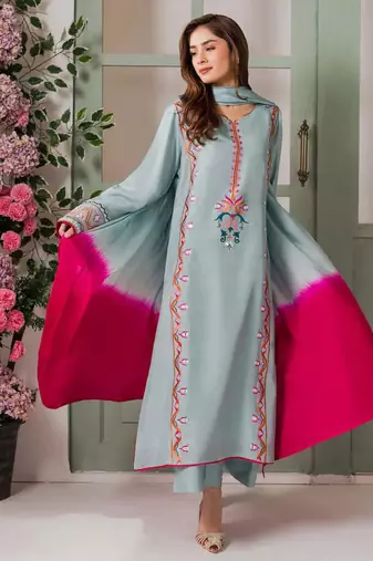 Olive french crepe silk sequin v-neck kurta set with printed chinon dupatta