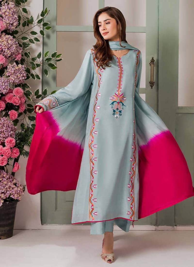 Olive french crepe silk sequin v-neck kurta set with printed chinon dupatta