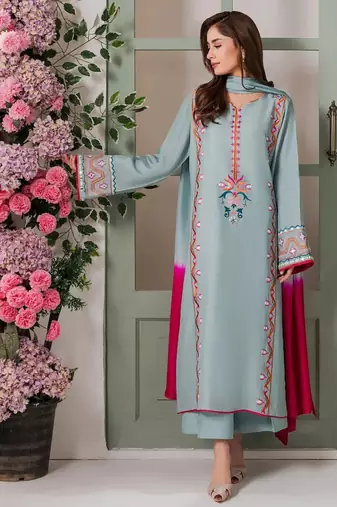 Olive french crepe silk sequin v-neck kurta set with printed chinon dupatta