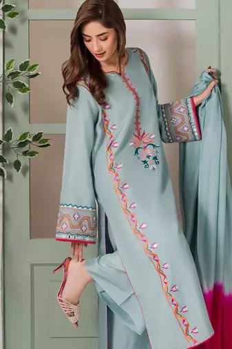 Olive french crepe silk sequin v-neck kurta set with printed chinon dupatta