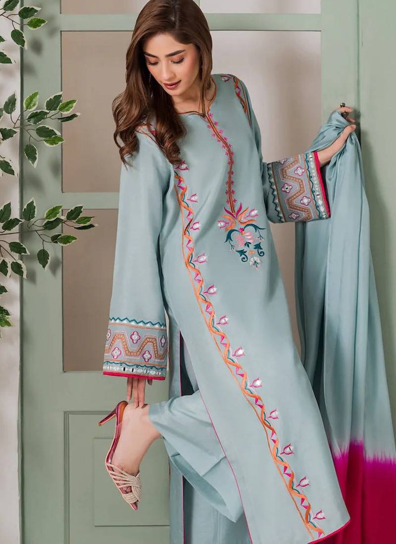 Olive french crepe silk sequin v-neck kurta set with printed chinon dupatta