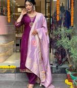 Wine chanderi silk sequin v-neck kurta set with royal jacquard dupatta