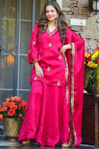 Pink silk sequin v-neck kurta palazzo set with matching silk dupatta