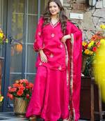 Pink silk sequin v-neck kurta palazzo set with matching silk dupatta