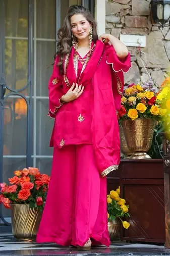 Pink silk sequin v-neck kurta palazzo set with matching silk dupatta