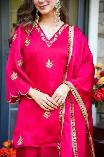 Pink silk sequin v-neck kurta palazzo set with matching silk dupatta