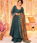 Green chanderi silk sequin v-neck sharara set with printed silk dupatta