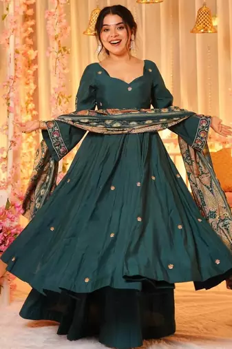 Green chanderi silk sequin v-neck sharara set with printed silk dupatta
