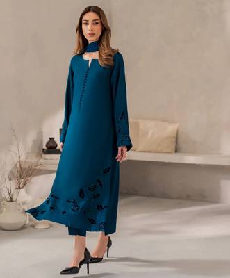 Teal chanderi silk sequin long kurta set with embroidered organza dupatta 1