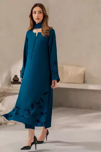 Teal chanderi silk sequin long kurta set with embroidered organza dupatta