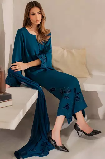 Teal chanderi silk sequin long kurta set with embroidered organza dupatta