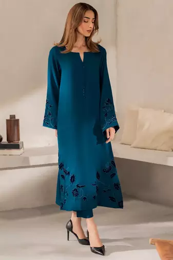 Teal chanderi silk sequin long kurta set with embroidered organza dupatta