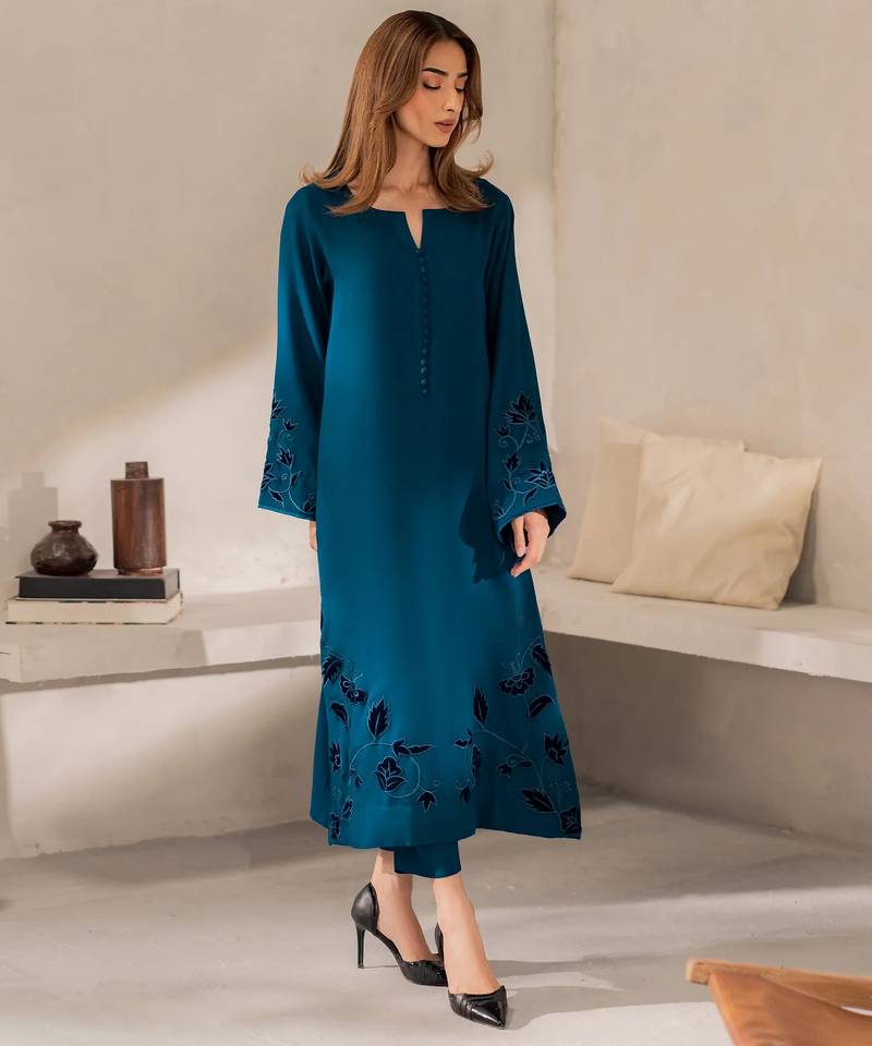 Teal chanderi silk sequin long kurta set with embroidered organza dupatta