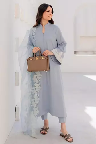 Aqua chanderi silk sequin long kurta set with embroidered organza dupatta