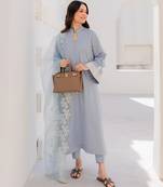 Aqua chanderi silk sequin long kurta set with embroidered organza dupatta