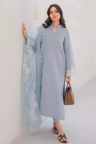 Aqua chanderi silk sequin long kurta set with embroidered organza dupatta