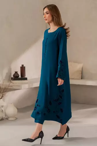 Teal chanderi silk sequin long kurta set with embroidered organza dupatta