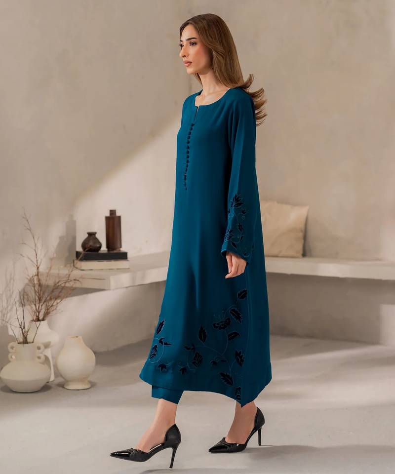 Teal chanderi silk sequin long kurta set with embroidered organza dupatta