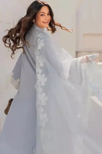 Aqua chanderi silk sequin long kurta set with embroidered organza dupatta