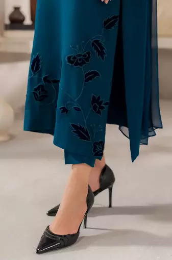 Teal chanderi silk sequin long kurta set with embroidered organza dupatta