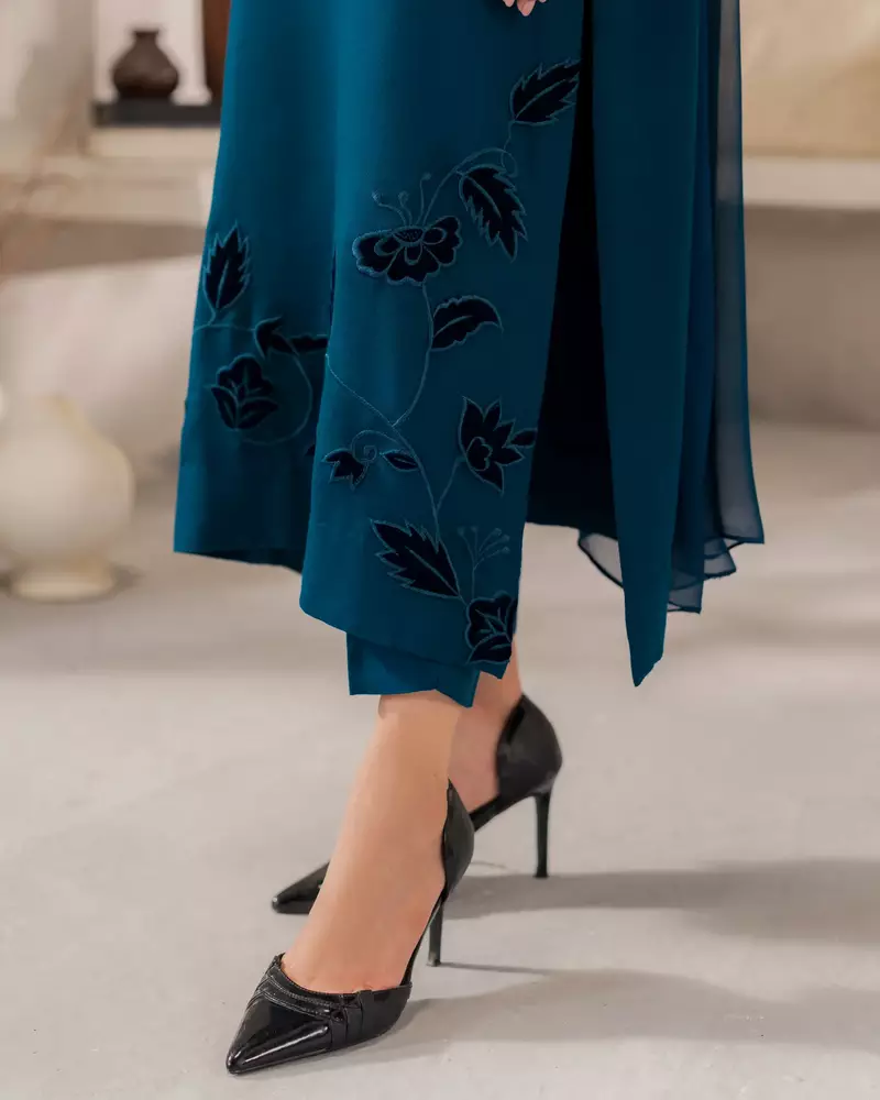 Teal chanderi silk sequin long kurta set with embroidered organza dupatta