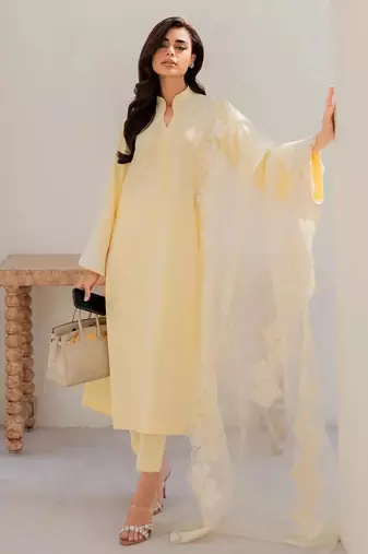 Yellow chanderi silk sequin long kurta set with embroidered organza dupatta