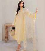 Yellow chanderi silk sequin long kurta set with embroidered organza dupatta