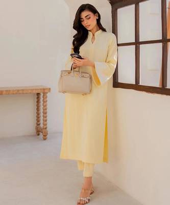 Yellow chanderi silk sequin long kurta set with embroidered organza dupatta 2