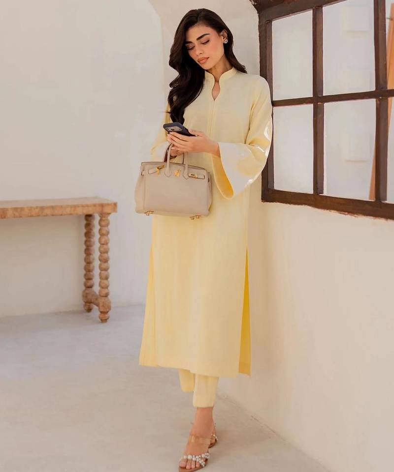 Yellow chanderi silk sequin long kurta set with embroidered organza dupatta