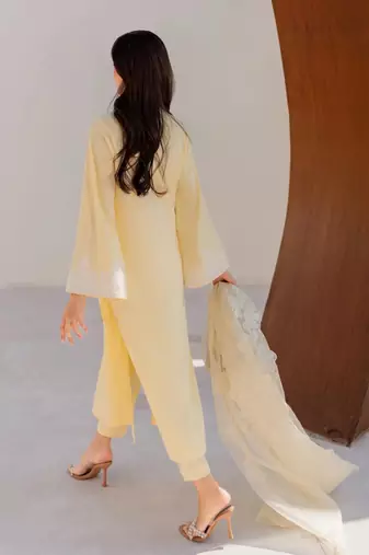 Yellow chanderi silk sequin long kurta set with embroidered organza dupatta